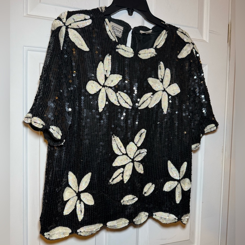 Stenay Sequined & Beaded Floral Black & White Silk Blouse Vintage Size Large SS